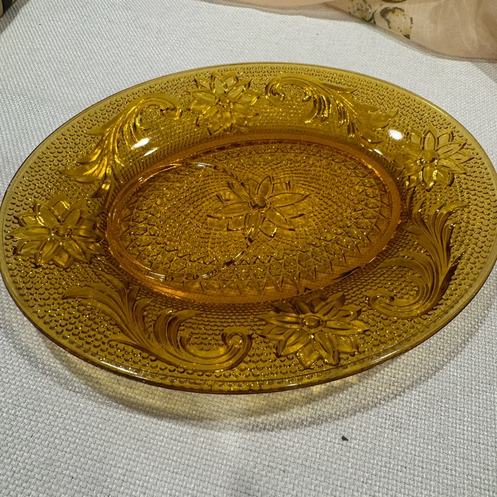 TWO Vintage Tiara Indiana Glass Co. Amber Chantilly Luncheon/Snack Plates